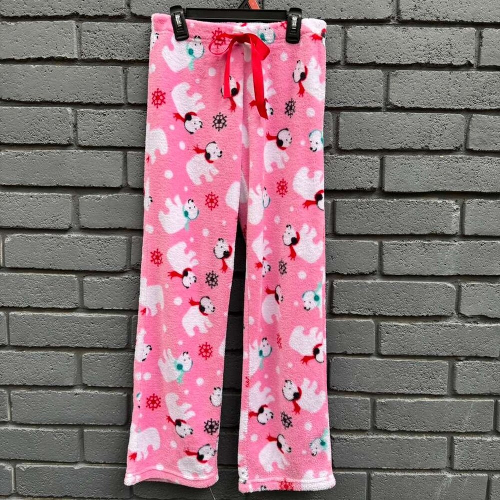 Sleep & Co Christmas Snowflake Dogs Fleece Lounge Pants Sherpa Pink Bow Cozy S